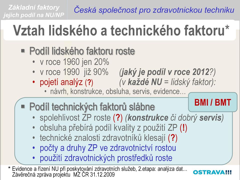 2012?) pojetí analýz (?) (v každé NU = lidský faktor): návrh, konstrukce, obsluha, servis, evidence Podíl technických faktorů slábne spolehlivost ZP roste (?