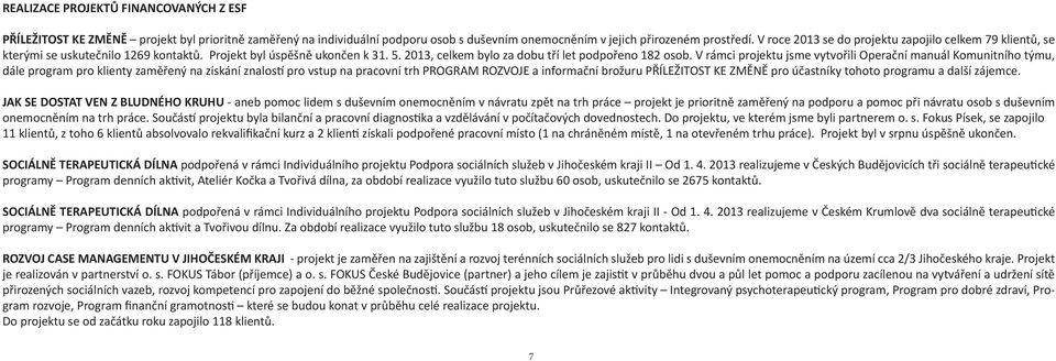 V rámci projektu jsme vytvořili Operační manuál Komunitního týmu, dále program pro klienty zaměřený na získání znalostí pro vstup na pracovní trh PROGRAM ROZVOJE a informační brožuru PŘÍLEŽITOST KE