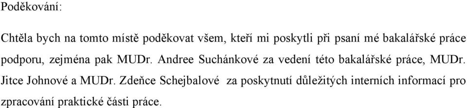 Andree Suchánkové za vedení této bakalářské práce, MUDr. Jitce Johnové a MUDr.