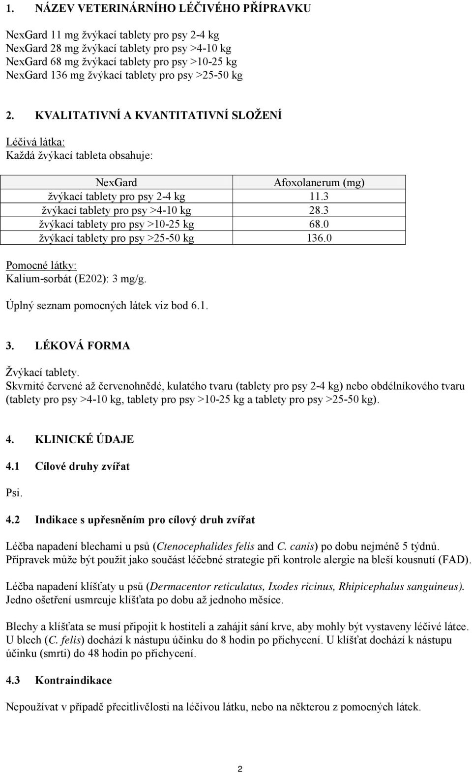 3 žvýkací tablety pro psy >4-10 kg 28.3 žvýkací tablety pro psy >10-25 kg 68.0 žvýkací tablety pro psy >25-50 kg 136.0 Pomocné látky: Kalium-sorbát (E202): 3 mg/g.