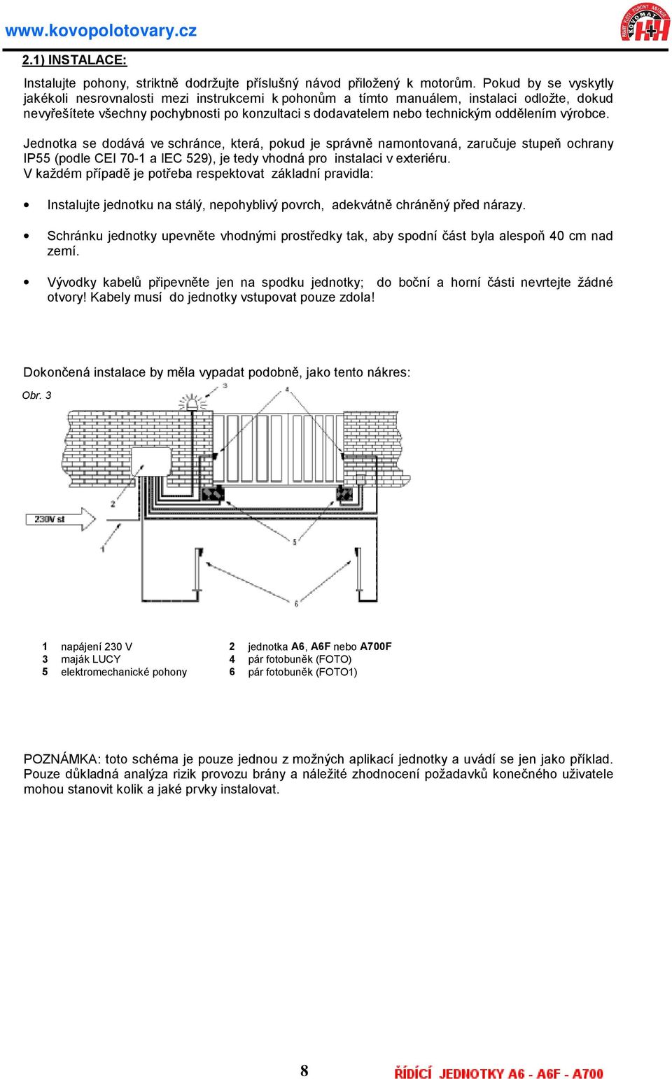 oddélenım vy robce. Jednotka se doda va ve schra nce, ktera, pokud je spra vné namontovana, zaruc uje stupen ochrany IP55 (podle CEI 70-1 a IEC 529), je tedy vhodna pro instalaci v exterieru.