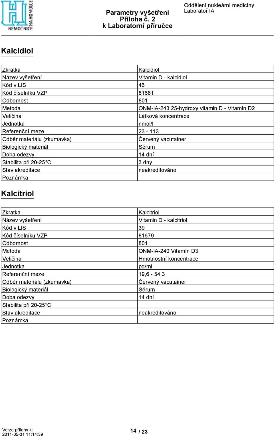 23-113 14 dní 3 dny Kalcitriol Kalcitriol Vitamin D - kalcitriol Kód v LIS 39 Kód