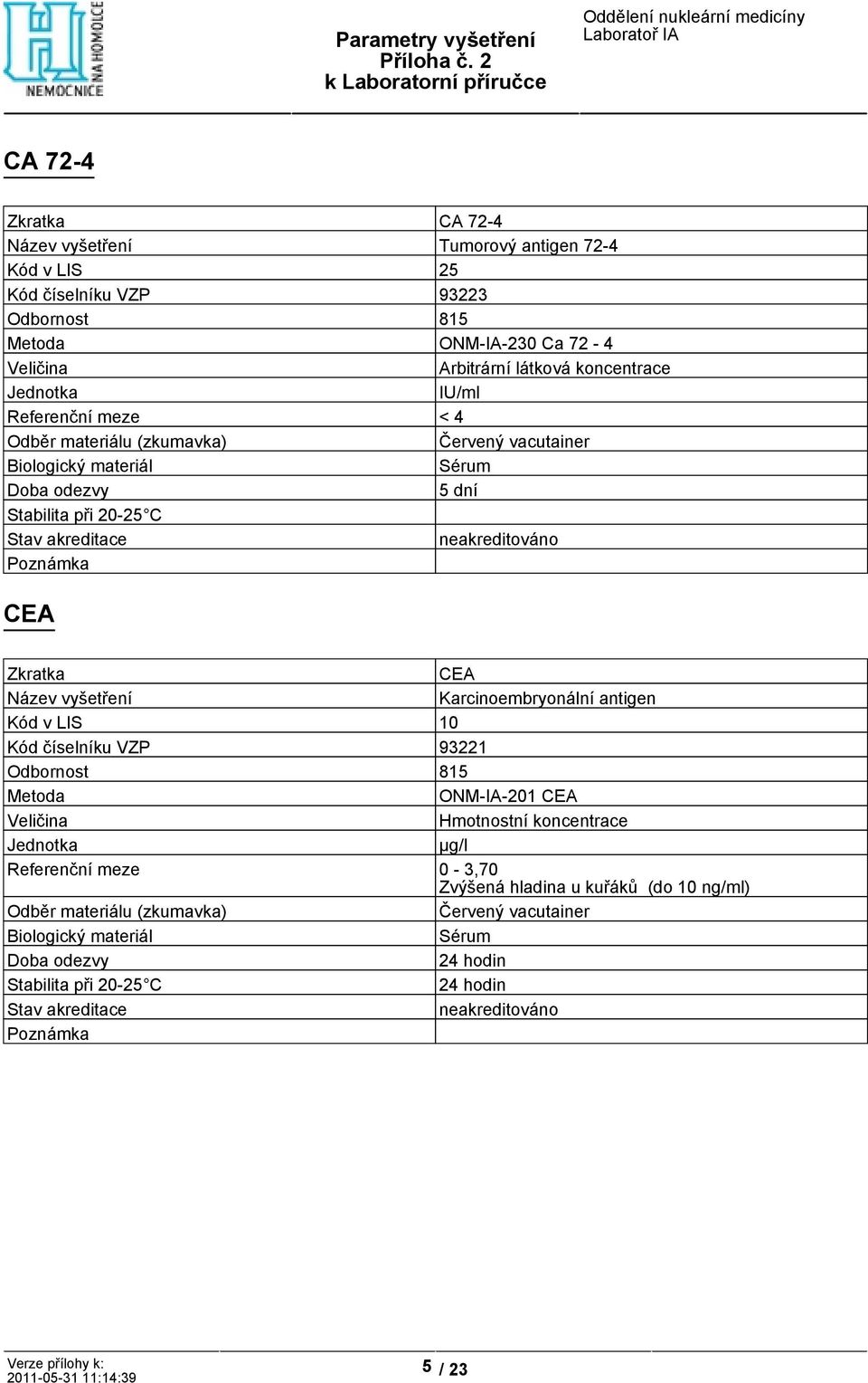 Karcinoembryonální antigen Kód v LIS 10 Kód číselníku VZP 93221