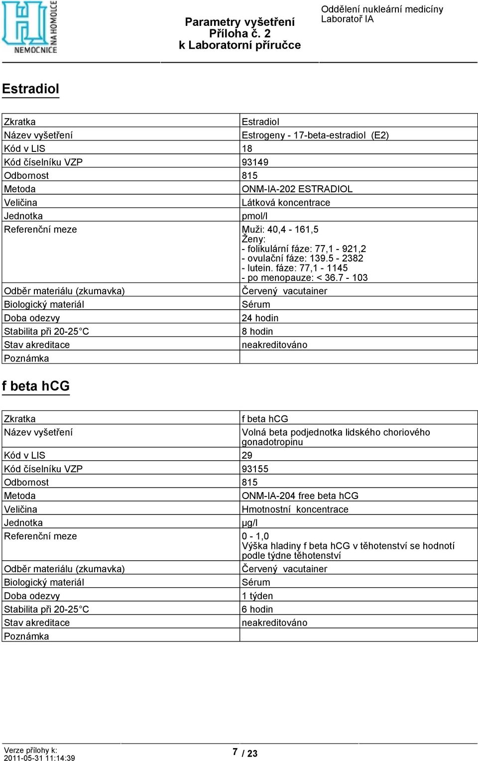 7-103 8 hodin f beta hcg f beta hcg Volná beta podjednotka lidského choriového gonadotropinu Kód v LIS 29 Kód číselníku VZP 93155