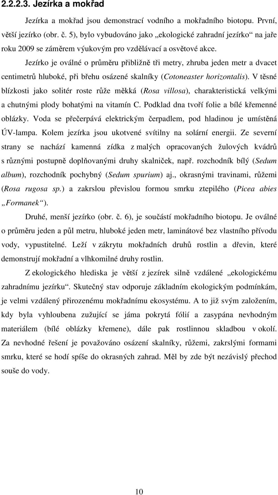 Jezírko je oválné o průměru přibližně tři metry, zhruba jeden metr a dvacet centimetrů hluboké, při břehu osázené skalníky (Cotoneaster horizontalis).