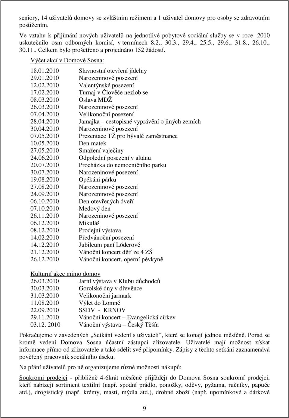 . Celkem bylo prošetřeno a projednáno 152 žádostí. Výčet akcí v Domově Sosna: 18.01.2010 Slavnostní otevření jídelny 29.01.2010 Narozeninové posezení 12.02.2010 Valentýnské posezení 17.02.2010 Turnaj v Člověče nezlob se 08.