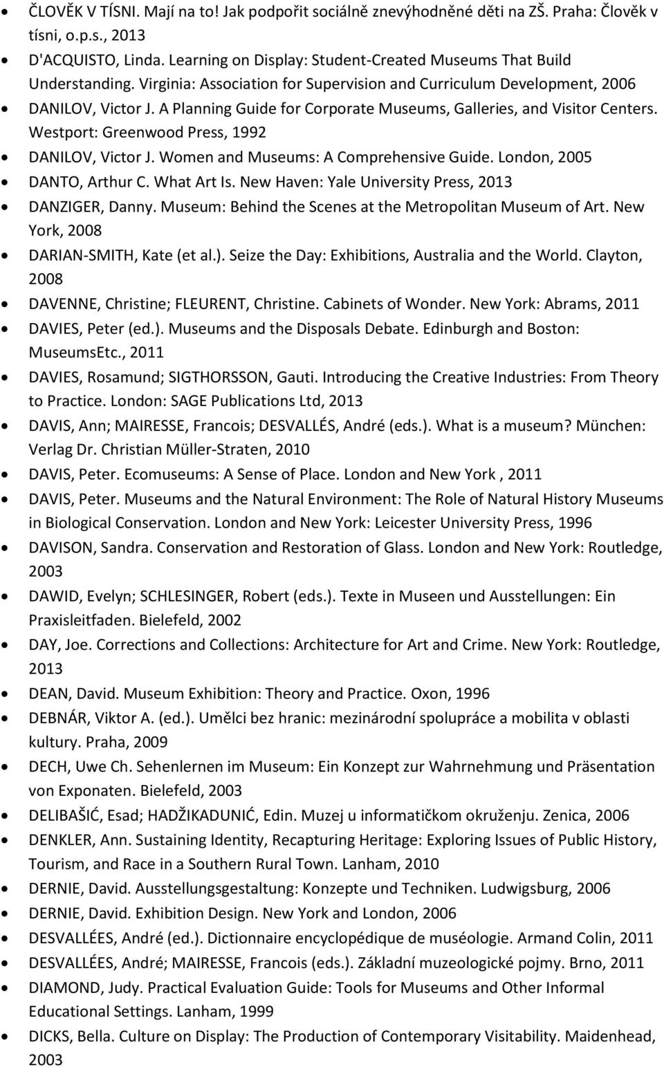 Westport: Greenwood Press, 1992 DANILOV, Victor J. Women and Museums: A Comprehensive Guide. London, 2005 DANTO, Arthur C. What Art Is. New Haven: Yale University Press, 2013 DANZIGER, Danny.