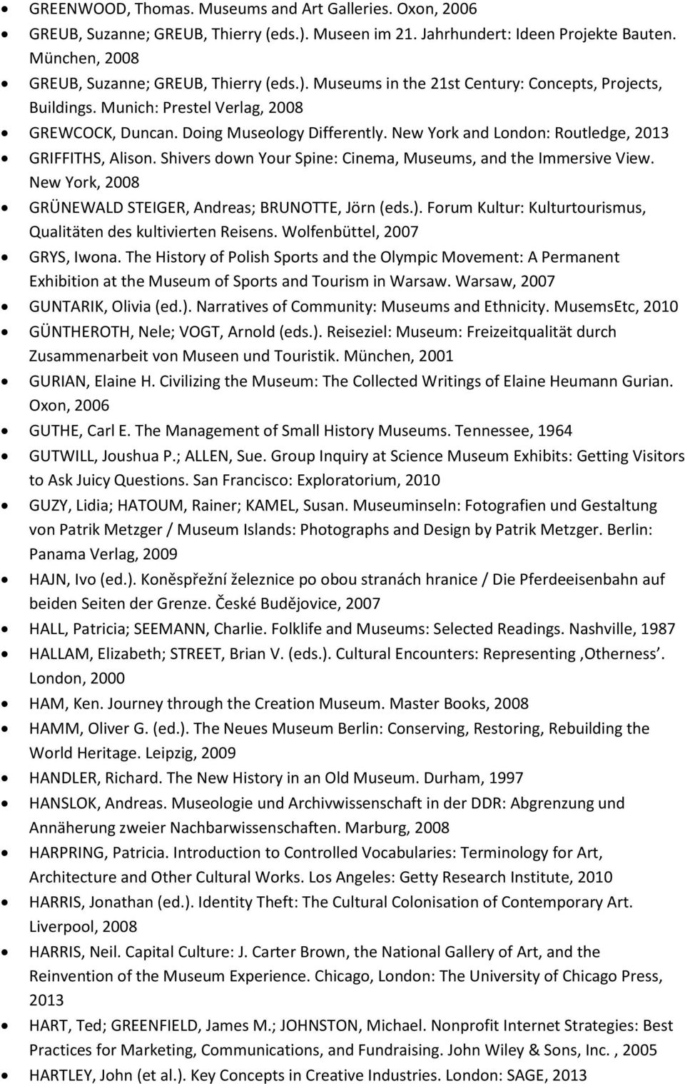 New York, 2008 GRÜNEWALD STEIGER, Andreas; BRUNOTTE, Jörn (eds.). Forum Kultur: Kulturtourismus, Qualitäten des kultivierten Reisens. Wolfenbüttel, 2007 GRYS, Iwona.