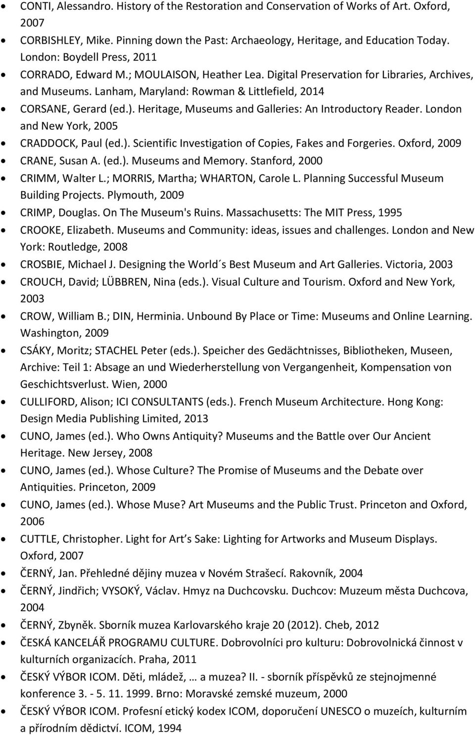 Heritage, Museums and Galleries: An Introductory Reader. London and New York, 2005 CRADDOCK, Paul (ed.). Scientific Investigation of Copies, Fakes and Forgeries. Oxford, 2009 CRANE, Susan A. (ed.). Museums and Memory.