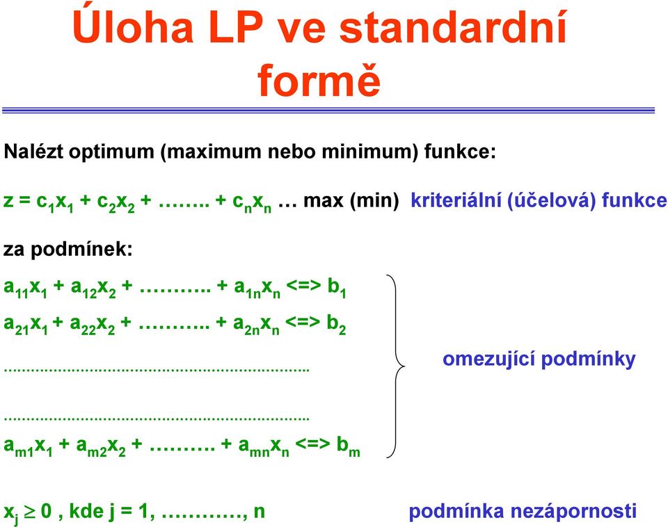 . + c n x n max (min) kriteriální (účelová) funkce za podmínek: a 11 x 1 + a 12 x 2 +.