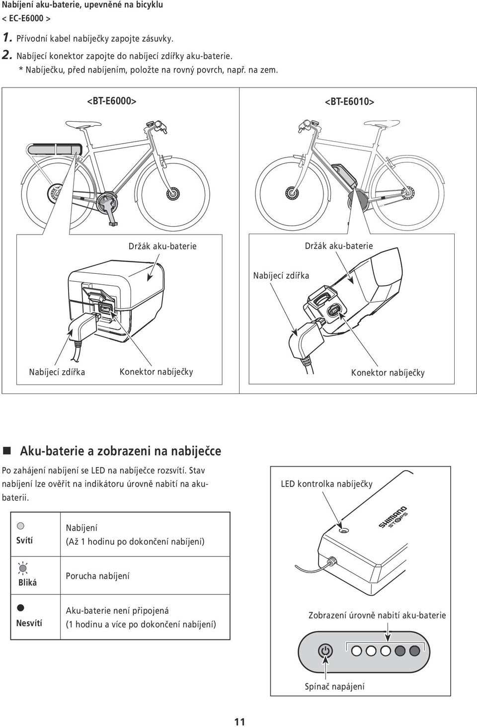 <BT-E6000> <BT-E6010> Držák aku-baterie Držák aku-baterie Nabíjecí zdířka Nabíjecí zdířka Konektor nabíječky Konektor nabíječky Aku-baterie a zobrazeni na nabiječce Po zahájení