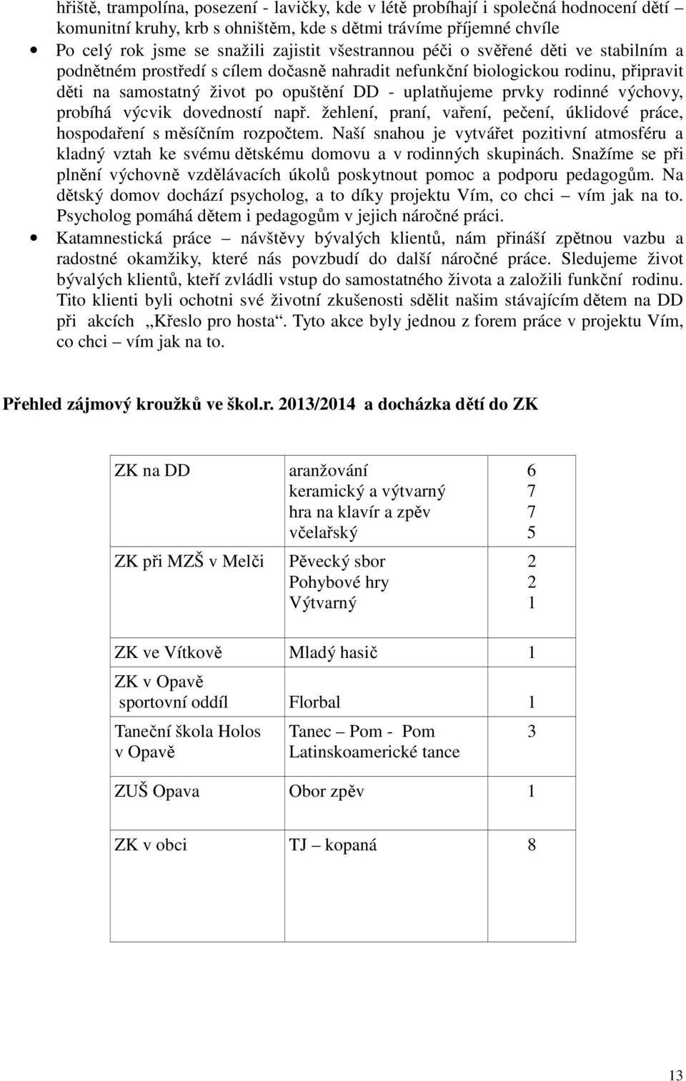 výchovy, probíhá výcvik dovedností např. žehlení, praní, vaření, pečení, úklidové práce, hospodaření s měsíčním rozpočtem.