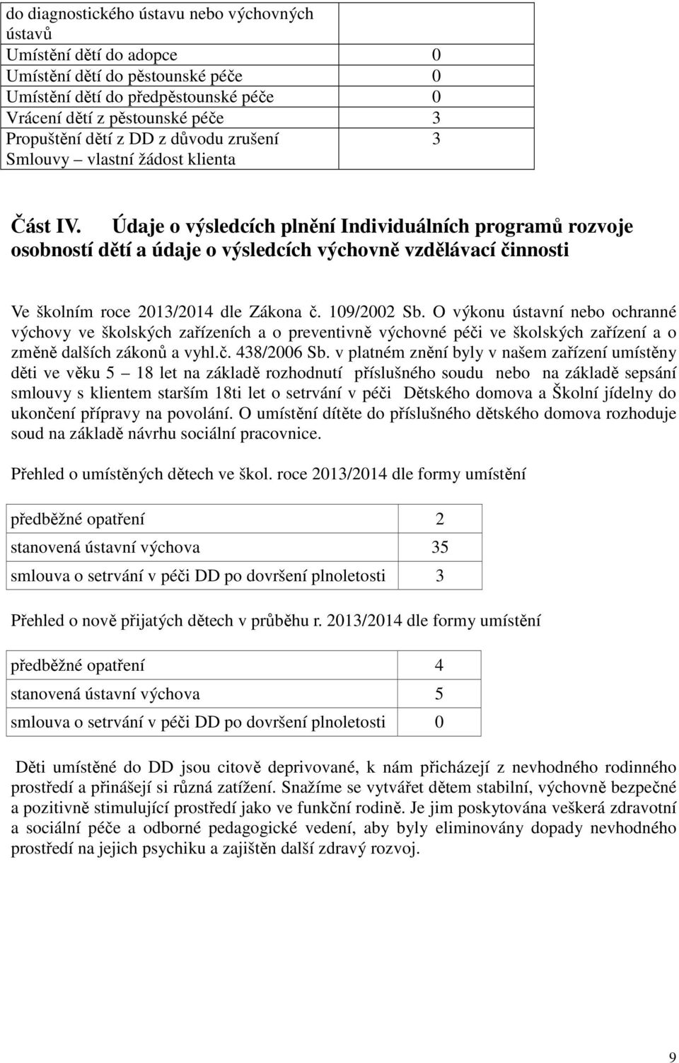 Údaje o výsledcích plnění Individuálních programů rozvoje osobností dětí a údaje o výsledcích výchovně vzdělávací činnosti Ve školním roce 2013/2014 dle Zákona č. 109/2002 Sb.