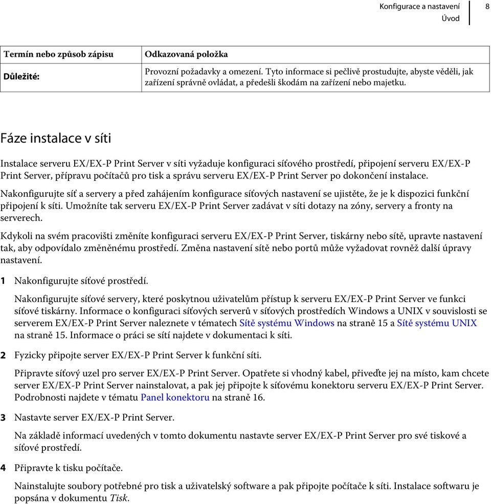 Fáze instalace v síti Instalace serveru EX/EX-P Print Server v síti vyžaduje konfiguraci síťového prostředí, připojení serveru EX/EX-P Print Server, přípravu počítačů pro tisk a správu serveru