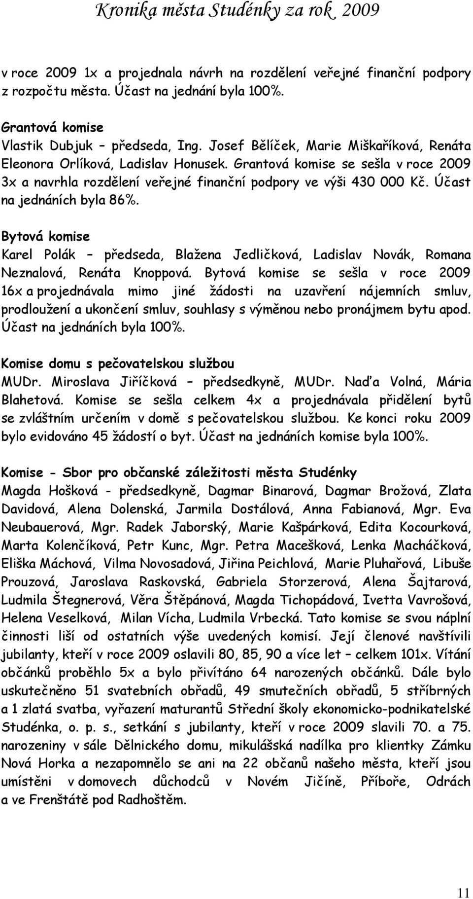 Účast na jednáních byla 86%. Bytová komise Karel Polák předseda, Blažena Jedličková, Ladislav Novák, Romana Neznalová, Renáta Knoppová.