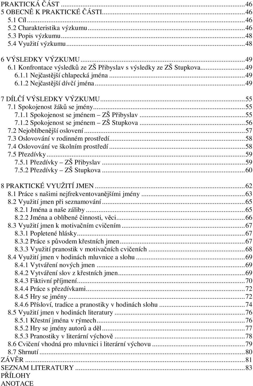 ..55 7.1.2 Spokojenost se jménem ZŠ Stupkova...56 7.2 Nejoblíbenjší oslovení...57 7.3 Oslovování v rodinném prostedí...58 7.4 Oslovování ve školním prostedí...58 7.5 Pezdívky...59 7.5.1 Pezdívky ZŠ Pibyslav.