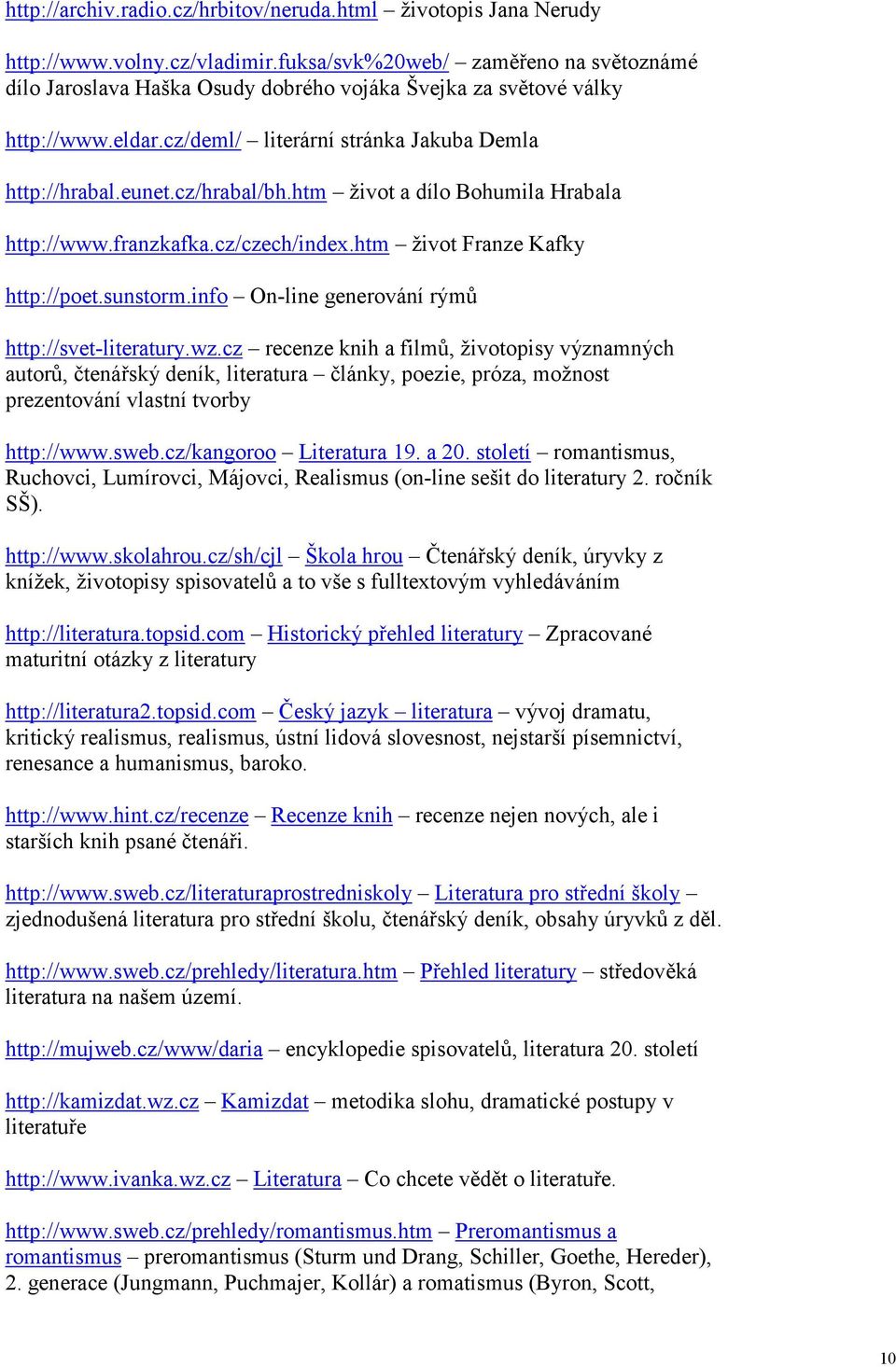 htm život a dílo Bohumila Hrabala http://www.franzkafka.cz/czech/index.htm život Franze Kafky http://poet.sunstorm.info On-line generování rýmů http://svet-literatury.wz.