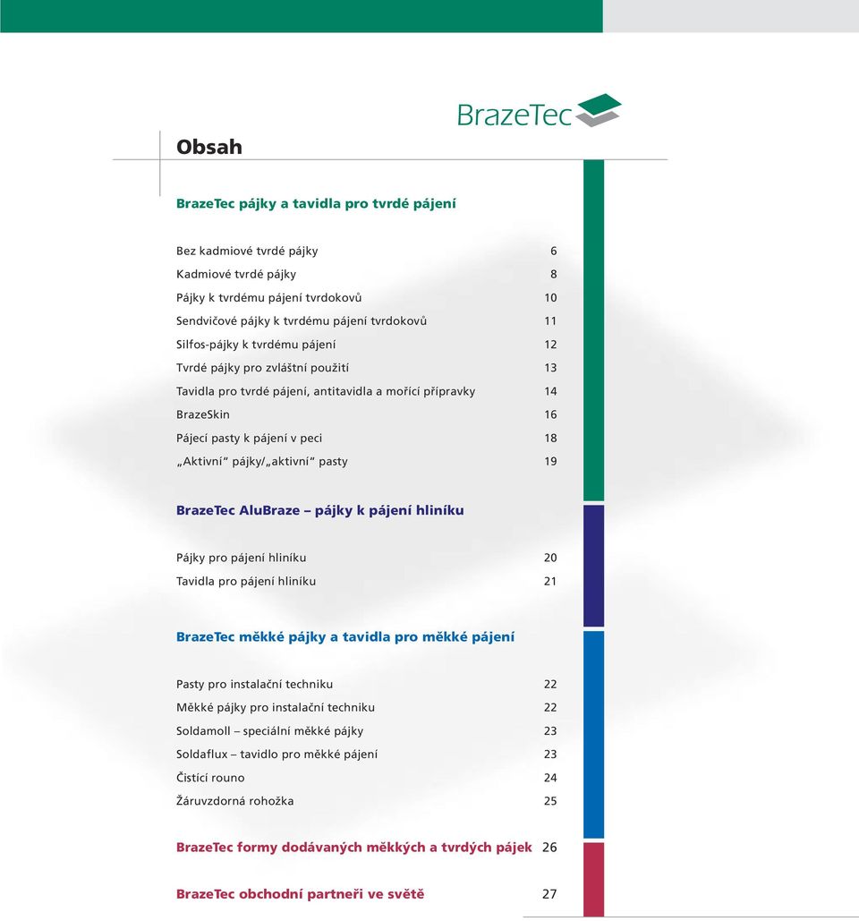 AluBraze pájky k pájení hliníku Pájky pro pájení hliníku 20 Tavidla pro pájení hliníku 21 BrazeTec měkké pájky a tavidla pro měkké pájení Pasty pro instalační techniku 22 Měkké pájky pro instalační