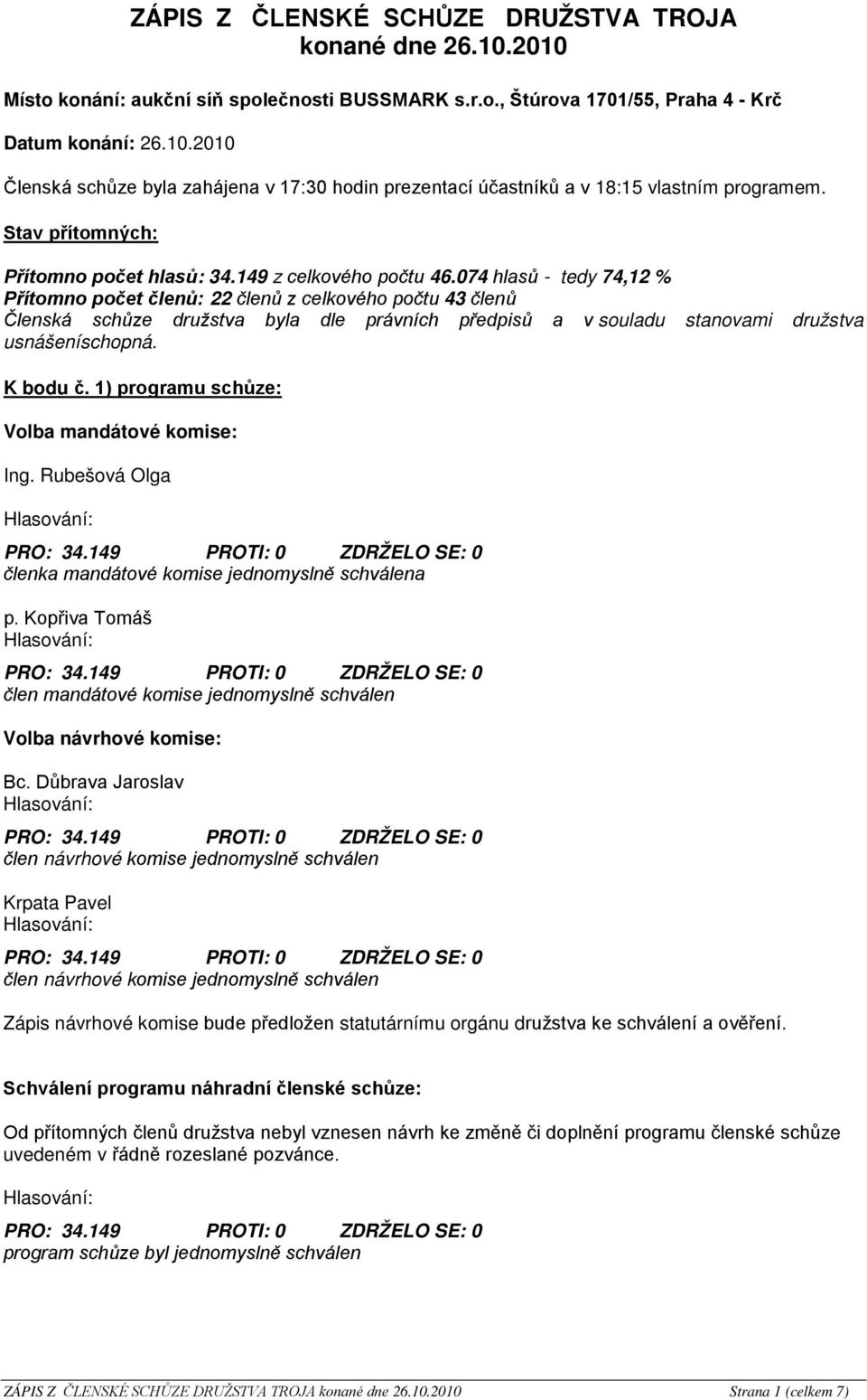 074 hlasů - tedy 74,12 % Přítomno počet členů: 22 členů z celkového počtu 43 členů Členská schůze družstva byla dle právních předpisů a v souladu stanovami družstva usnášeníschopná. K bodu č.