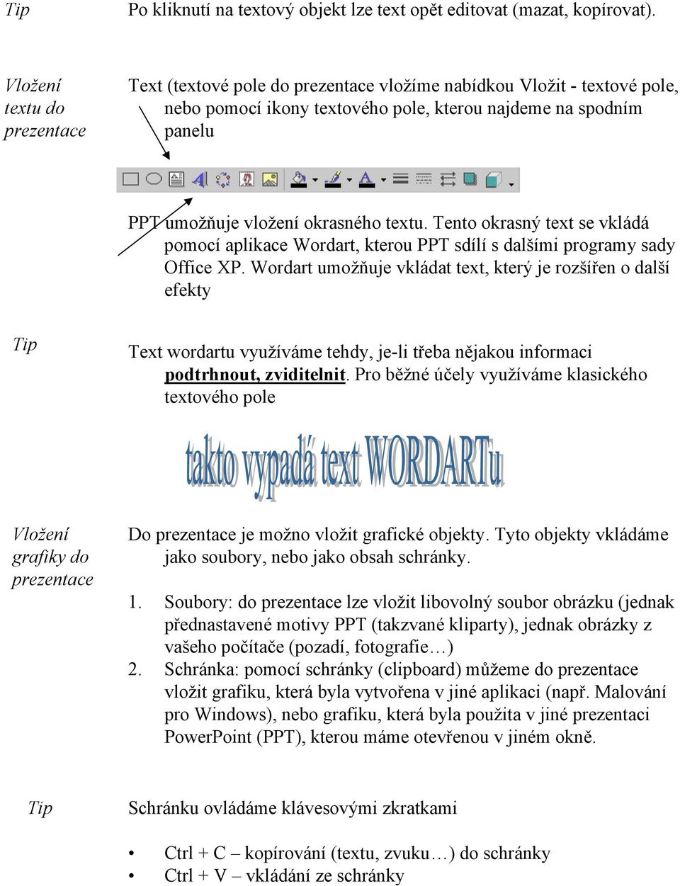 textu. Tento okrasný text se vkládá pomocí aplikace Wordart, kterou PPT sdílí s dalšími programy sady Office XP.