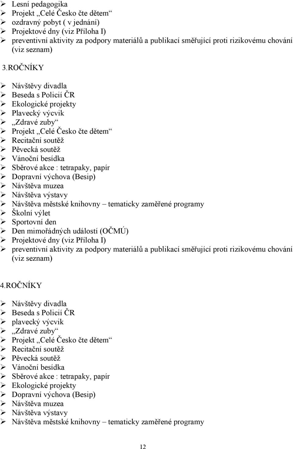 ROČNÍKY Návštěvy divadla Beseda s Policií ČR Ekologické projekty Plavecký výcvik Zdravé zuby Projekt Celé Česko čte dětem Recitační soutěž Pěvecká soutěž Vánoční besídka Sběrové akce : tetrapaky,
