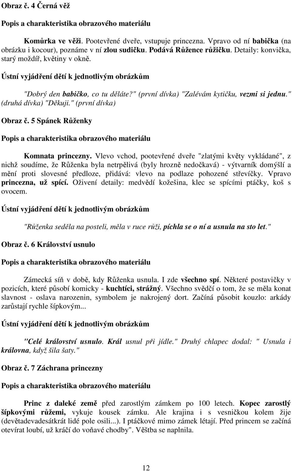 " (druhá dívka) "Děkuji." (první dívka) Obraz č. 5 Spánek Růženky Popis a charakteristika obrazového materiálu Komnata princezny.