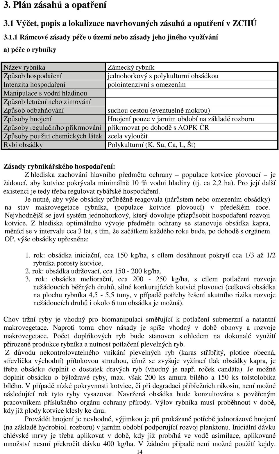 1 Rámcové zásady péče o území nebo zásady jeho jiného využívání a) péče o rybníky Název rybníka Zámecký rybník Způsob hospodaření jednohorkový s polykulturní obsádkou Intenzita hospodaření