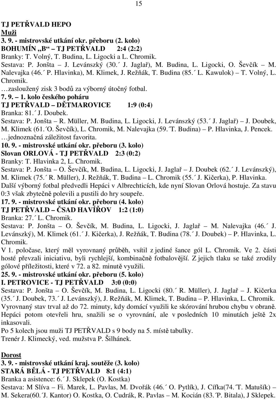 kolo českého poháru TJ PETŘVALD DĚTMAROVICE 1:9 (0:4) Branka: 81. J. Doubek. Sestava: P. Jonšta R. Müller, M. Budina, L. Ligocki, J. Levánszký (53. J. Jaglař) J. Doubek, M. Klimek (61. O. Ševčík), L.