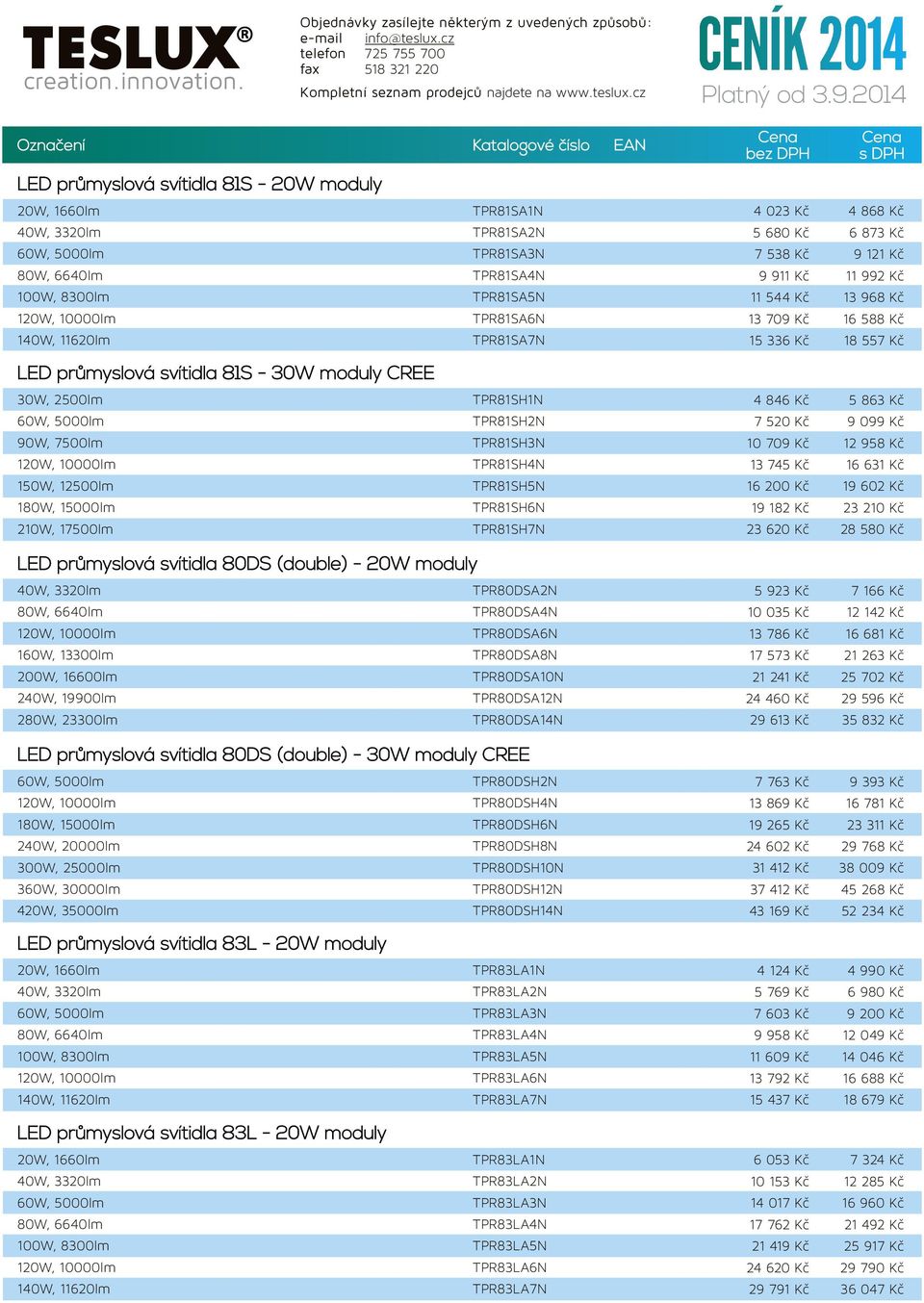 2500lm TPR81SH1N TPR81SH2N 90W, 7500lm TPR81SH3N TPR81SH4N 150W, 12500lm TPR81SH5N 180W, 15000lm TPR81SH6N 210W, 17500lm TPR81SH7N LED průmyslová svítidla 80DS (double) - 20W moduly TPR80DSA2N