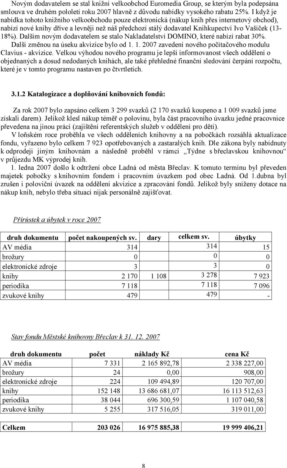 (13-18%). Dalším novým dodavatelem se stalo Nakladatelství DOMINO, které nabízí rabat 30%. Další změnou na úseku akvizice bylo od 1. 1. 2007 zavedení nového počítačového modulu Clavius - akvizice.