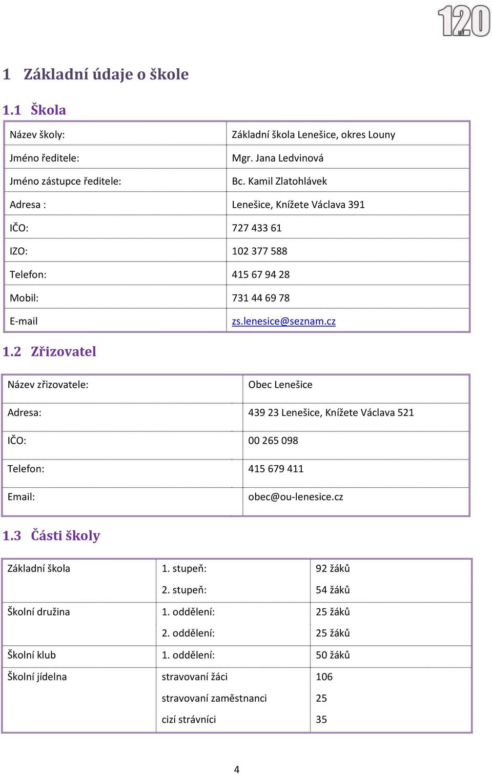 2 Zřizovatel Název zřizovatele: Obec Lenešice Adresa: 439 23 Lenešice, Knížete Václava 521 IČO: 00 265 098 Telefon: 415 679 411 Email: obec@ou-lenesice.cz 1.