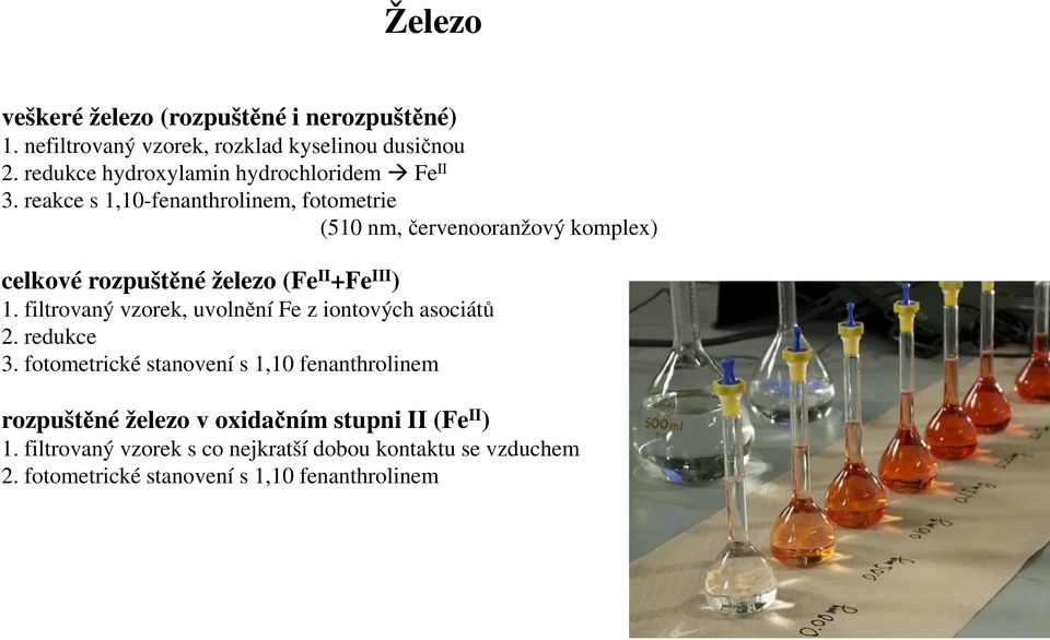 reakce s 1,10-fenanthrolinem, fotometrie (510 nm, červenooranžový komplex) celkové rozpuštěné železo (Fe II +Fe III ) 1.