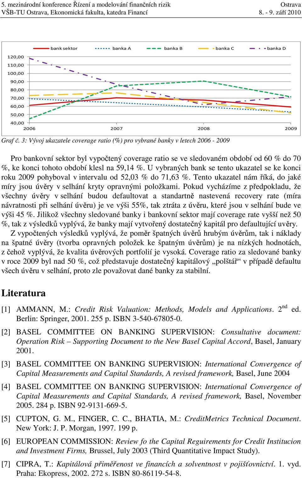 3: Vývoj ukazaele coverage raio (%) pro vybrané banky v leech 2006-2009 Pro bankovní sekor byl vypočený coverage raio se ve sledovaném období od 60 % do 70 %, ke konci ohoo období klesl na 59,14 %.