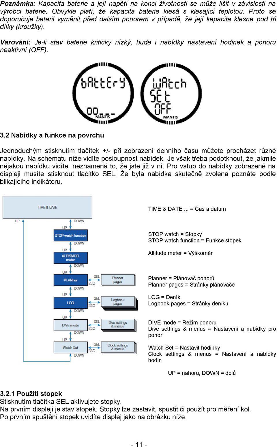 Varování: Je-li stav baterie kriticky nízký, bude i nabídky nastavení hodinek a ponoru neaktivní (OFF). 3.