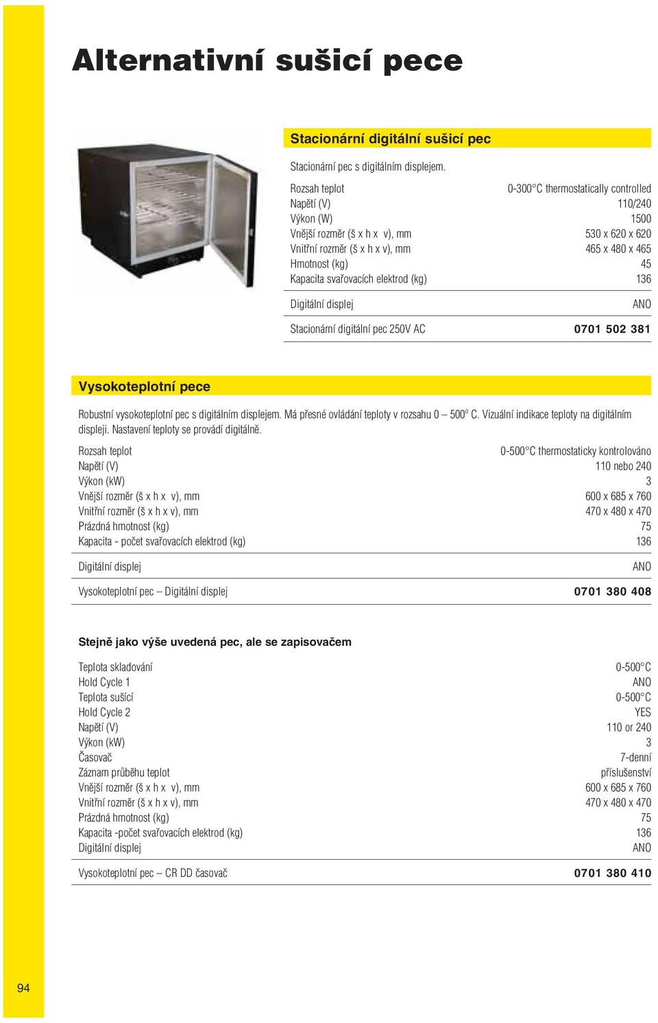 svařovacích elektrod (kg) 136 Digitální displej Stacionární digitální pec 250V AC 0701 502 381 Vysokoteplotní pece Robustní vysokoteplotní pec s digitálním displejem.