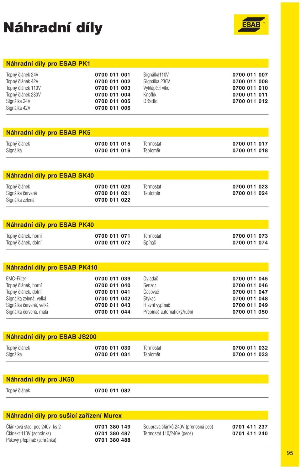 Signálka 0700 011 016 Termostat 0700 011 017 Teploměr 0700 011 018 Náhradní díly pro ESAB SK40 Topný článek 0700 011 020 Signálka červená 0700 011 021 Signálka zelená 0700 011 022 Termostat 0700 011