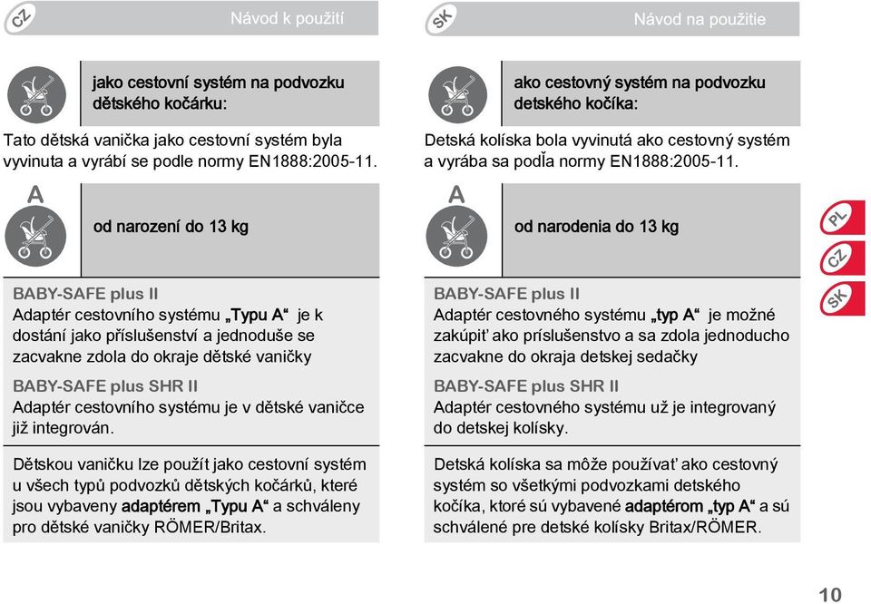 od narození do 13 kg od narodenia do 13 kg BABY-SAFE plus II Adaptér cestovního systému Typu A je k dostání jako příslušenství a jednoduše se zacvakne zdola do okraje dětské vaničky BABY-SAFE plus