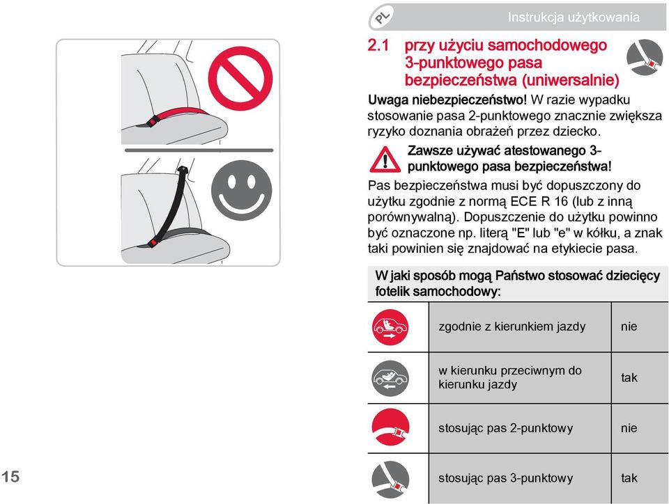 Pas bezpieczeństwa musi być dopuszczony do użytku zgodnie z normą ECE R 16 (lub z inną porównywalną). Dopuszczenie do użytku powinno być oznaczone np.