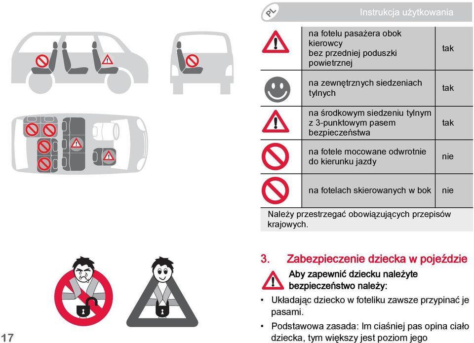 ! na fotele mocowane odwrotnie do kierunku jazdy nie na fotelach skierowanych w bok nie Należy przestrzegać obowiązujących przepisów