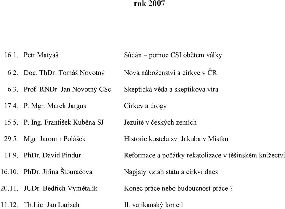 František Kuběna SJ Jezuité v českých zemích 29.5. Mgr. Jaromír Polášek Historie kostela sv. Jakuba v Místku 11.9. PhDr.