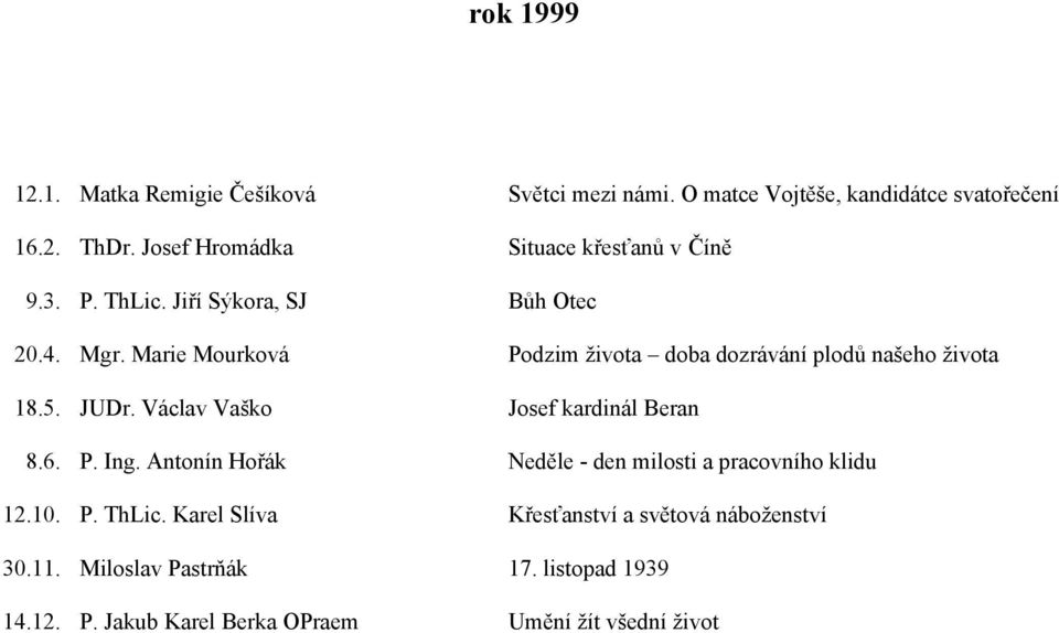 Marie Mourková Podzim života doba dozrávání plodů našeho života 18.5. JUDr. Václav Vaško Josef kardinál Beran 8.6. P. Ing.