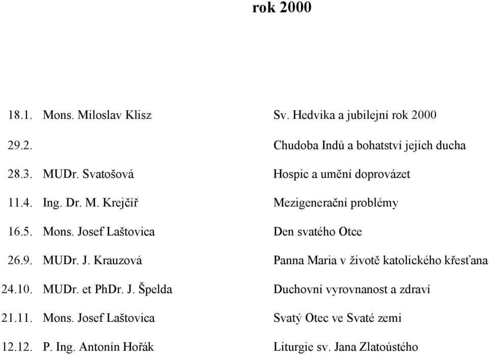 Josef Laštovica Den svatého Otce 26.9. MUDr. J. Krauzová Panna Maria v životě katolického křesťana 24.10. MUDr. et PhDr. J. Špelda Duchovní vyrovnanost a zdraví 21.