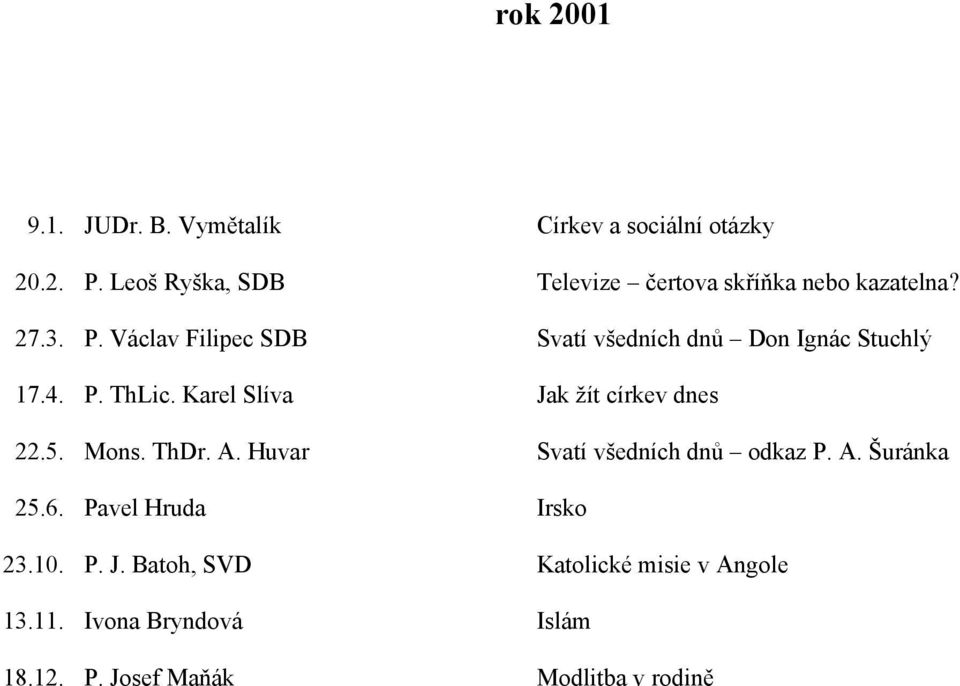 Václav Filipec SDB Svatí všedních dnů Don Ignác Stuchlý 17.4. P. ThLic. Karel Slíva Jak žít církev dnes 22.5.