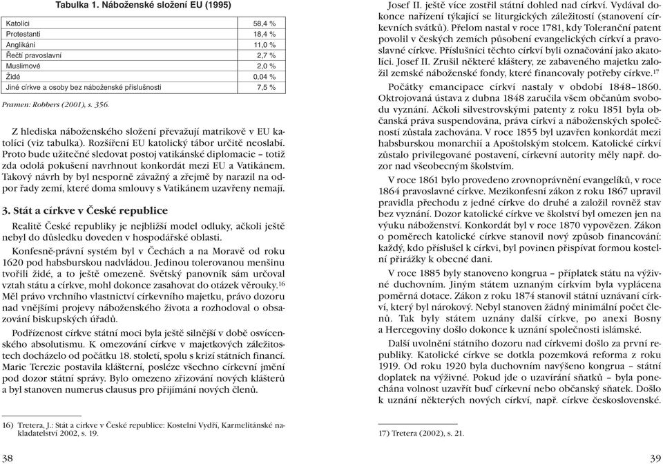 Robbers (2001), s. 356. Z hlediska náboženského složení převažují matrikově v EU katolíci (viz tabulka). Rozšíření EU katolický tábor určitě neoslabí.