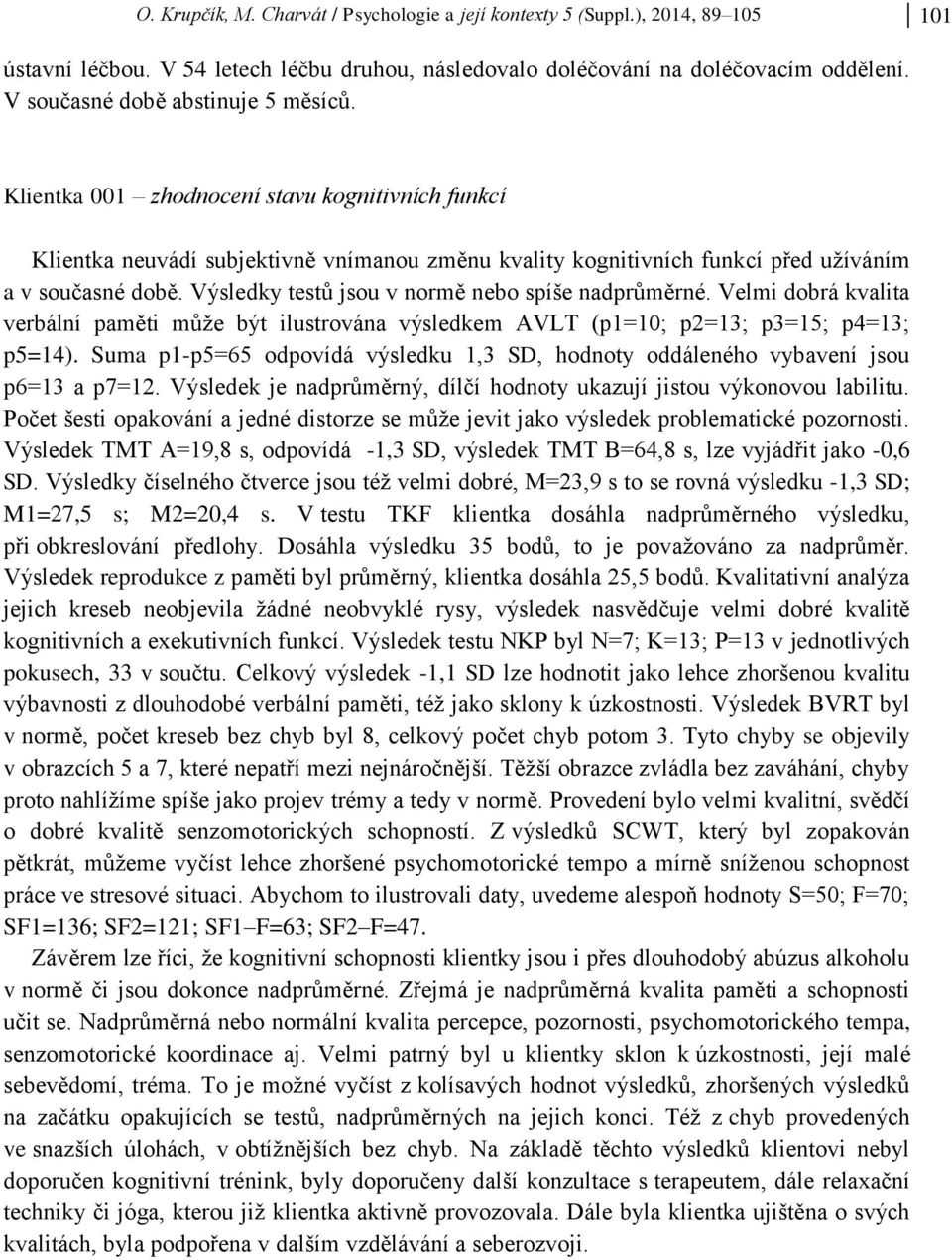 Výsledky testů jsou v normě nebo spíše nadprůměrné. Velmi dobrá kvalita verbální paměti může být ilustrována výsledkem AVLT (p1=10; p2=13; p3=15; p4=13; p5=14).