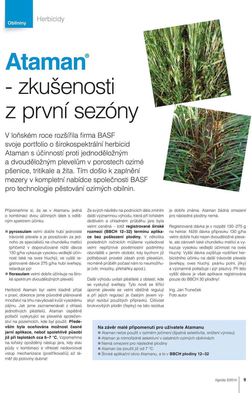 Připomeňme si, že se v Atamanu jedná o kombinaci dvou účinných látek s odlišným spektrem účinku: pyroxsulam velmi dobře hubí jednoleté trávovité plevele a je považován za jednoho ze specialistů na