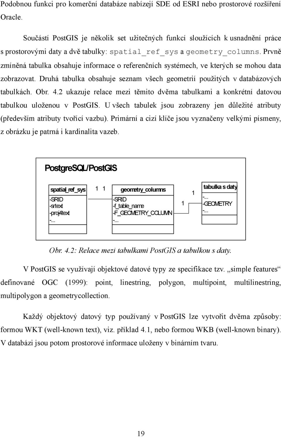 Prvně zmíněná tabulka obsahuje informace o referenčních systémech, ve kterých se mohou data zobrazovat. Druhá tabulka obsahuje seznam všech geometrií použitých v databázových tabulkách. Obr. 4.