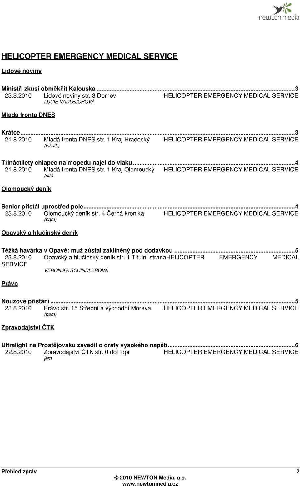 1 Kraj Hradecký HELICOPTER EMERGENCY MEDICAL SERVICE (lek,lík) Třináctiletý chlapec na mopedu najel do vlaku... 4 21.8.2010 Mladá fronta DNES str.