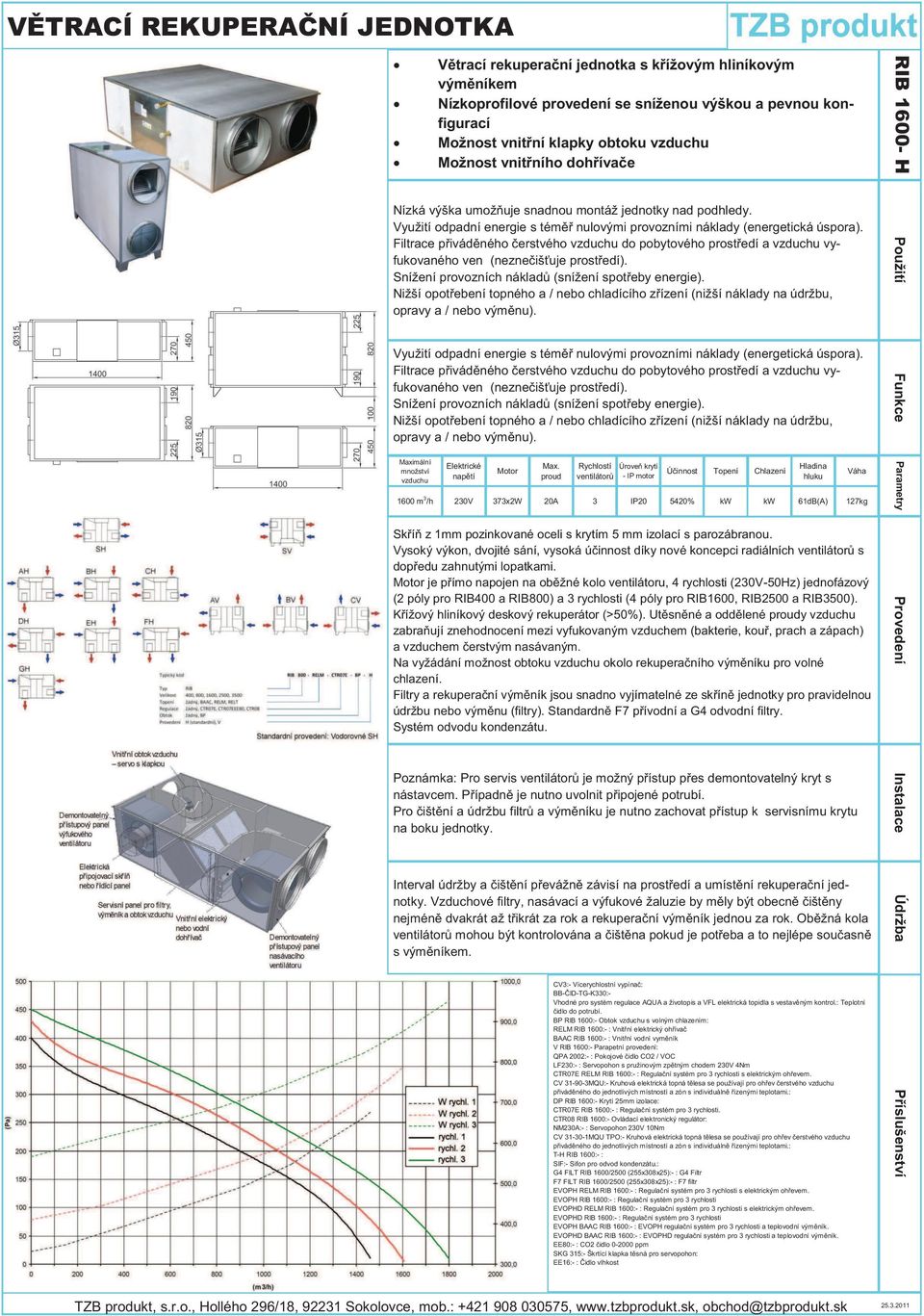 proud Rychlostí Úroveň krytí ventilátorů - IP motor Účinnost Topení Chlazení Hladina hluku 1600 m 3 /h 230V 373x2W 20A 3 IP20 5420% kw kw 61dB(A) Skříň z 1mm pozinkované oceli s krytím 5 mm izolací s