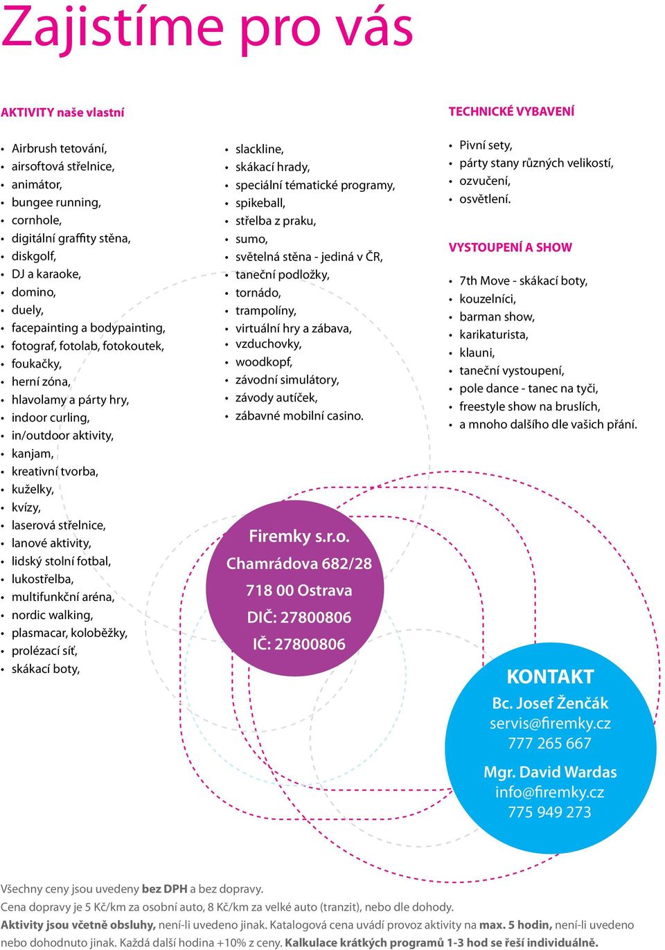 střelnice, lanové aktivity, lidský stolní fotbal, lukostřelba, multifunkční aréna, nordic walking, plasmacar, koloběžky, prolézací síť, skákací boty, slackline, skákací hrady, speciální tématické